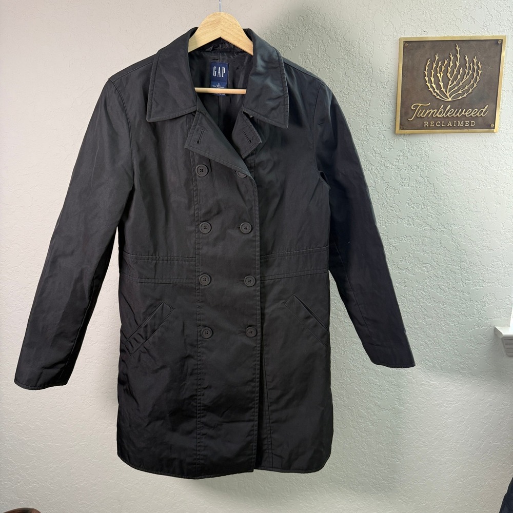 GAP Women Double Breasted Trench‎ Coat Black Polyester Size Small